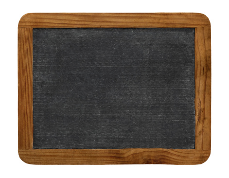 Antique miniature portable black chalkboard with wood frame and scratched textured surface isolated on pure white background
