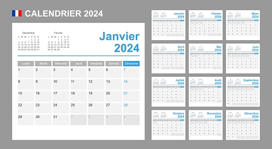 French calendar for 2024. Week starts on Monday. Simple vector template. Business design planner.