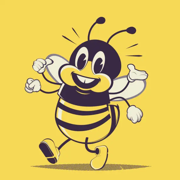 Vector illustration of funny retro cartoon illustration of a walking bee