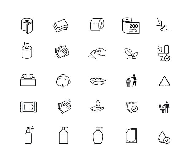 Set of icons for hygiene products. Vector illustration isolated on white background. Perfect for paper roll, wet wipes, kitchen towel, napkin, tissues, pads and etc. Stroke sign, easy change. EPS10. paper towel stock illustrations