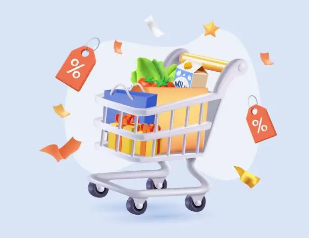 Vector illustration of 3D shopping cart with products for online shopping and digital marketing, big sale. 3d basket shop cart with presents