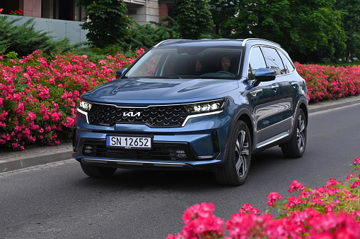 Berlin, Germany - 18th June, 2023: Kia Sorento Hybrid on a street. This model is one of the most popular SUV from Kia in the world.