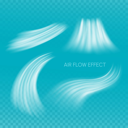 Air Flow Isolated Texture. White Wind Stream Waves Effect on Blue Background. Fresh Breeze Waves From Conditioner Illustrations.