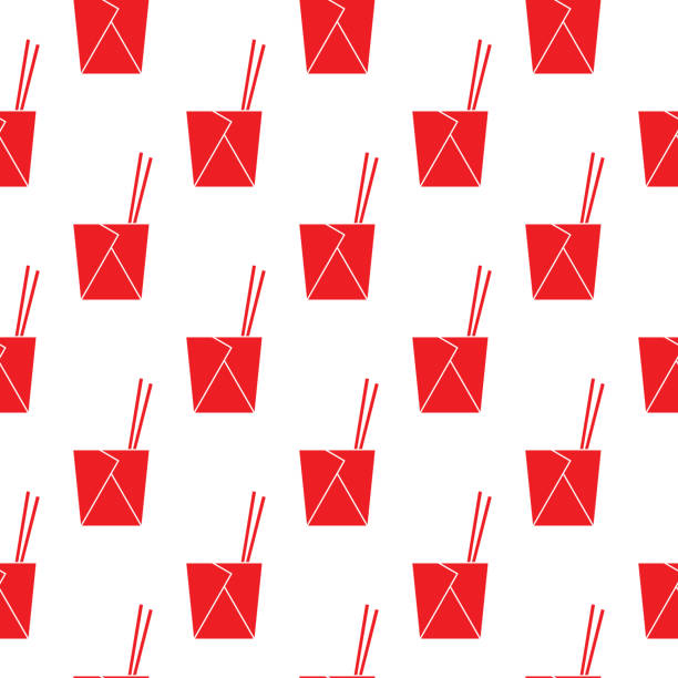 빨간 중국 테이크 아웃 박스 원활한 패턴 - chopsticks nobody red white background stock illustrations