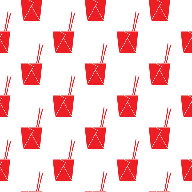 Red Chinese Take Out Box Seamless Pattern Vector seamless pattern of red Chinese food take out boxes with chop sticks on a square white background. chinese takeout stock illustrations