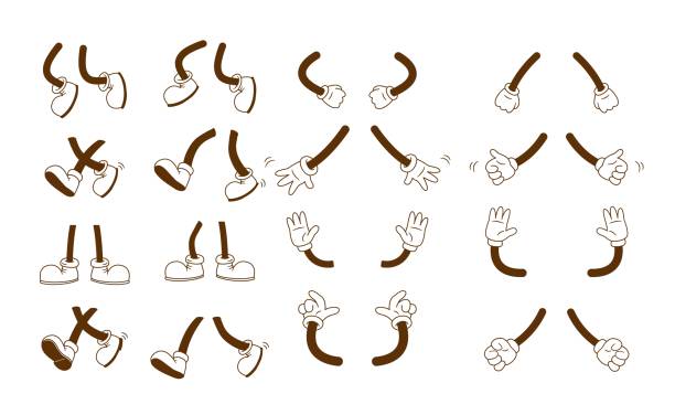 Retro Cartoon mascot foot and arm positions illustration. Vintage arms and shoes boots limbs for character design vector set