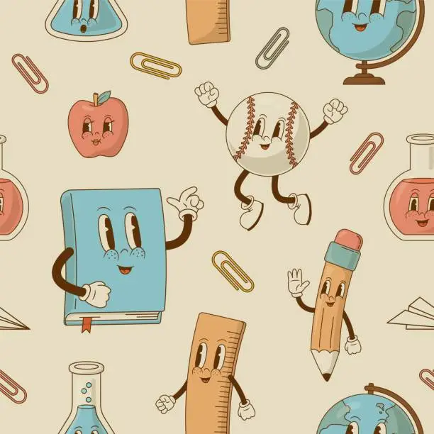 Vector illustration of School supplies retro cartoon mascot and education objects seamless pattern.