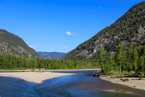 Aerial drone view of the Similkameen River near Princeton in British Columbia, Canada.