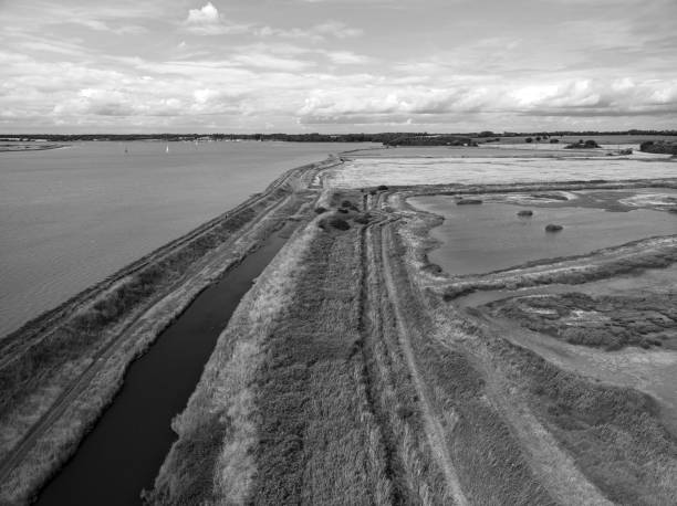 Trimley nature reserve by the Orwell River Aerial view in Black and White stock photo