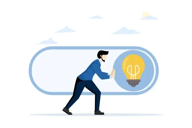 Vector illustration of concept of igniting new idea, solution or innovation to solve problem, activating knowledge or creativity, unlocking or activating, businessman pressing toggle button to turn on idea.