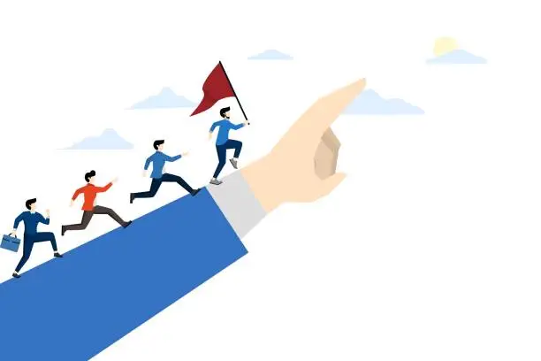 Vector illustration of leadership concept to lead team members, business direction to achieve goal or target, team work to succeed in job, businessman leader holding winner flag leading business people pointing finger.