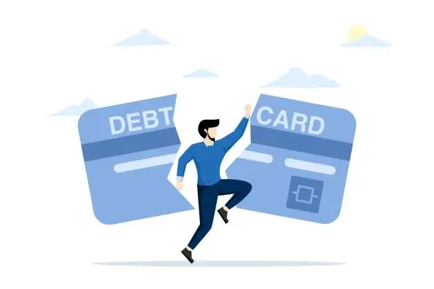 Vector illustration of concept of paying off debt, Liberating or giving up bad habits or routines for freedom, breaking shackles or burdens of anxiety, escape and liberation, businessman destroying debt card.