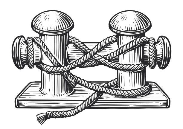 Old marine bollard with rope tied on pier. Hand drawn sketch vintage vector illustration