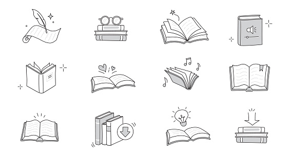 Book line doodle icon set. Hand drawn sketch doodle style line icon book, diary. Open library, reading, school education doodle concept icon. Blue pen line style stroke. Vector illustration.