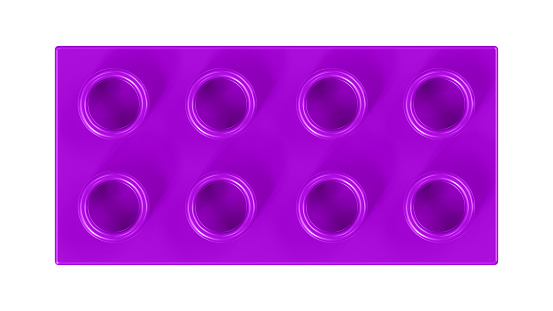 Magenta Purple Toy Block Isolated on a White Background. Close Up View of a Plastic Children Game Brick for Constructors, Top View. High Quality 3D Rendering with a Work Path. 8K Ultra HD, 7680x4320