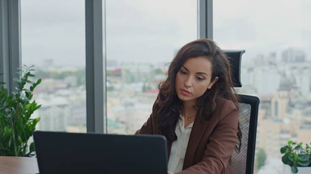 istock Manager tired work routine sitting office with laptop feeling unfocused closeup. 1599749469