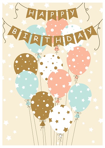 Happy birthday greeting card. Vector illustration of balloons. Hand drawn style.