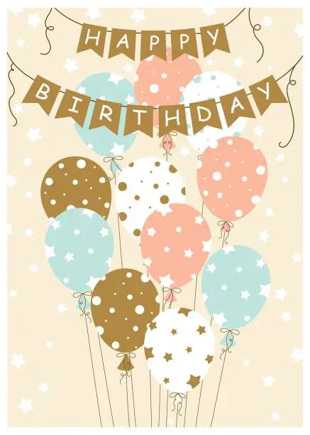 Vector illustration of Happy birthday greeting card. Vector illustration of balloons. Hand drawn style.