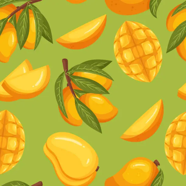 Vector illustration of Seamless Pattern Featuring Mango Fruits. Vibrant And Juicy Mangoes Repeat In A Seamless Design, Cartoon Illustration