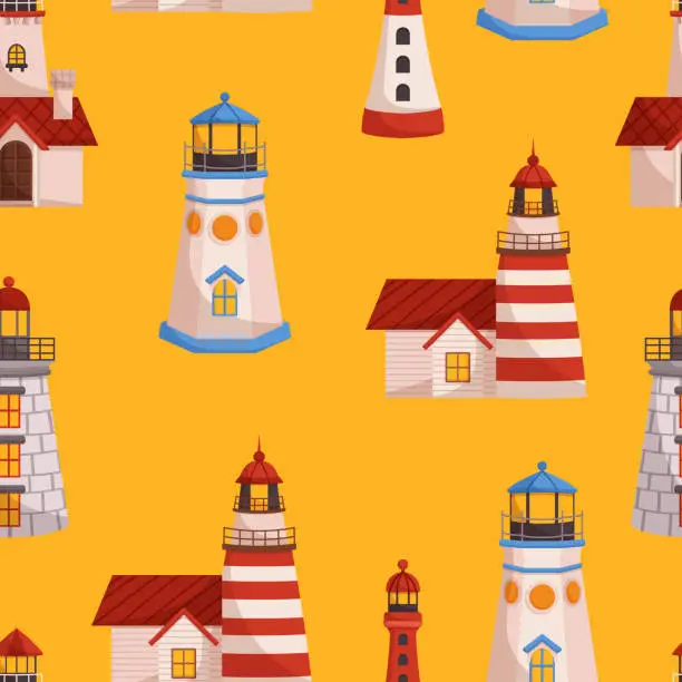 Vector illustration of Seamless Pattern With Lighthouses. Charming Tile Background with Scattered Beacons, Creating A Coastal Theme