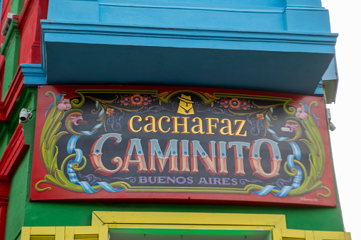 Buenos Aires, Argentina : 2023 May 29 : Facade of the Cachafaz bar in the Barrio de La Boca, Caminito Tourist Zone in Buenos Aires Capital of the Argentine Republic in 2023.