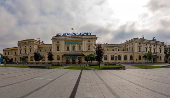 Krakow, Poland - August 23rd, 2019: Panoramic view of Krakow Glowny train station. Cracow Main Railway station historical building.