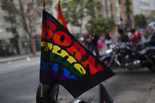 Motorcyles and gay pride flag at San Francisco Gay Pride Parade in 2015.