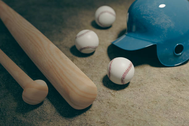 istock Baseball bats, balls and helmets on the ground, 3d rendering 1599867688