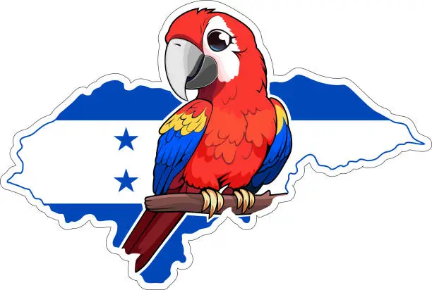Vector illustration of Vector cartoon sticker with a scarlet macaw parrot and the Honduras flag
