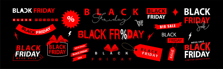 Set of Black Friday Sale Label Tag. Collection of different designs for sale, advertising, banner, template, and poster. Black Friday banner elements. Vector illustration.