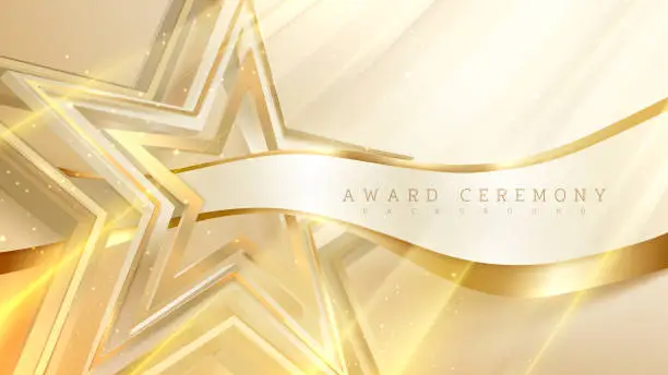 Vector illustration of 3d golden star shape element with ribbon and glitter light effect decoration. Luxury award ceremony concept.