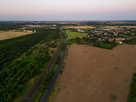 Photography of railroad at sunrise. Aerial view. Landscape photography.