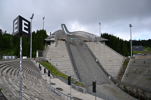 Oslo, Norway, July 5, 2023 - The Holmenkollen ski jump in Oslo Norway