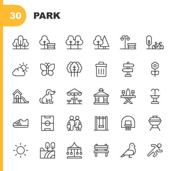 parkliniensymbole. bearbeitbarer strich. enthält solche symbole wie karussell, hund, familie, fitness, brunnen, freundschaft, gras, gesunder lebensstil, landschaft, natur, pflanze, spielplatz, sport, frühling, sonne, schaukel, baum, wandern - friendship park flower outdoors stock-grafiken, -clipart, -cartoons und -symbole