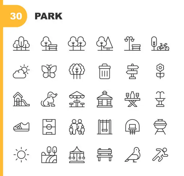 Vector illustration of Park Line Icons. Editable Stroke. Contains such icons as Carousel, Dog, Family, Fitness, Fountain, Friendship, Grass, Healthy Lifestyle, Landscape, Nature, Plant, Playground, Sport, Spring, Sun, Swing, Tree, Walking
