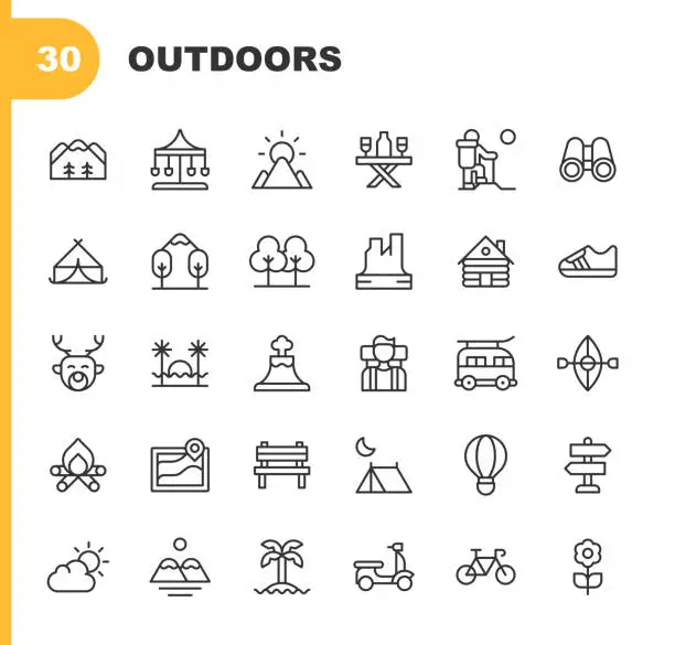 Vector illustration of Outdoors Line Icons. Editable Stroke. Contains such icons as Camping, Cycling, Forest, Hiking, Mountain, Nature, Outdoors, Park, Sport, Summer, Sun, Survival, Tourism, Transport, Travel, Vacation, Vehicle, Wilderness