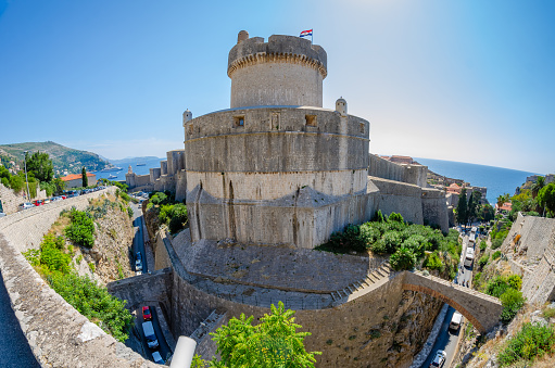 Dubrovnik, Croatia - September 22nd 2015 - Wide angle view of the 14-th century fortress Minceta Tower located at the highest point of Dubrovnik offering panoramic city and sea views, Dubrovnik, Croatia.