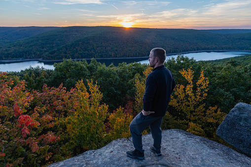 Allegheny state forest overlook during autumn season setting sun hours PA, copy space backgrounds graphic resources