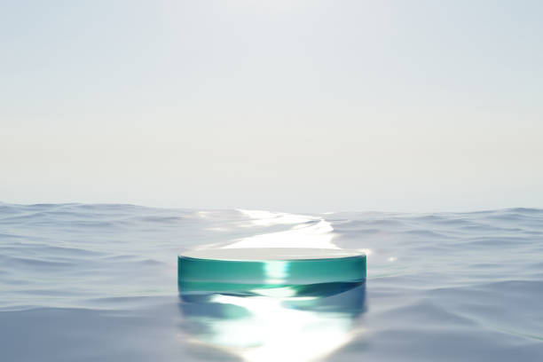 istock Abstract 3d render natural background, Ice podium on the wave sea surface and sunlight reflects on the podium for product display, advertising, mockup, cosmetic or etc 1599977998