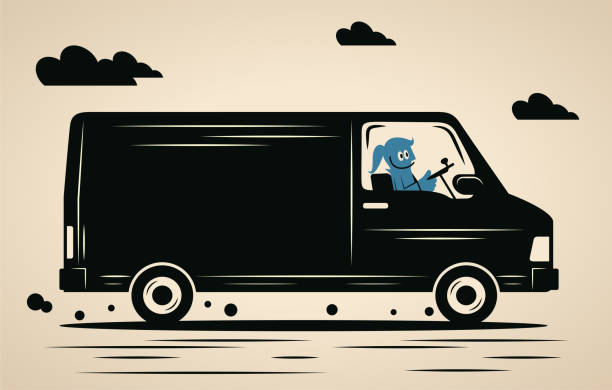 illustrazioni stock, clip art, cartoni animati e icone di tendenza di una donna sorridente alla guida di un furgone - van delivery van mini van messenger