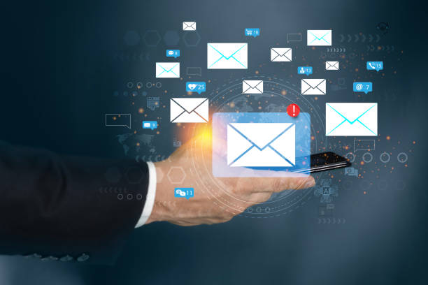istock Hand of businessman using smartphone for email with notification alert, Online communication concept. Scheme of direct sales in business. 1600031047