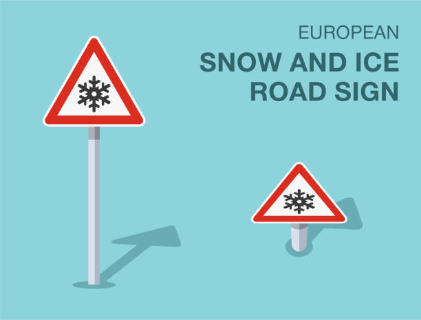Traffic regulation rules. Isolated european snow and ice road sign. Front and top view. Vector illustration template. Traffic regulation rules. Isolated european snow and ice road sign. Front and top view. Flat vector illustration template. snowy road overhead stock illustrations