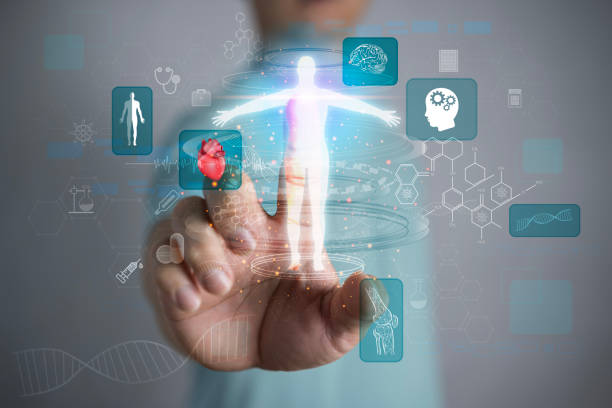 istock Man on blurred background using digital x-ray human body holographic scan projection 3D rendering. 1600036144