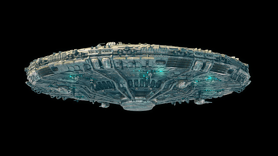 UFO Spaceship Hovering in the sky - Isolated Saucer UFO flying low angle - under side-version sci-fi UFO with glowing green light 3d render