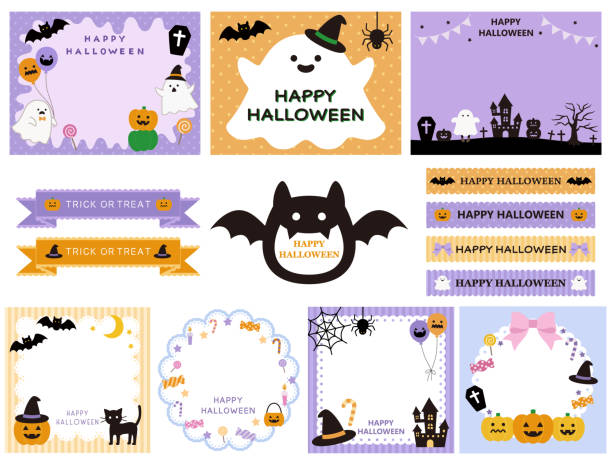 Vector illustration set of cute Halloween frames Vector illustration set of cute Halloween frames, Autumn, October 蜘蛛 stock illustrations