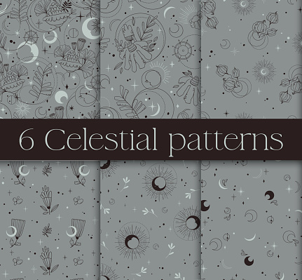 Mystic celestial seamless pattern set - magic flowers, moon and stars in monochrome, esoteric vector reapiting motives on background for wrapping, textile