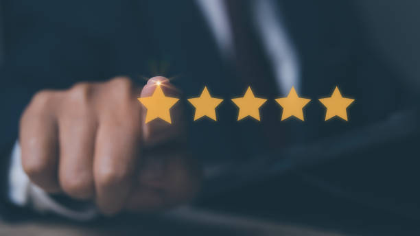 istock Businessman touching giving five star icon for feedback satisfaction service. 1600062426