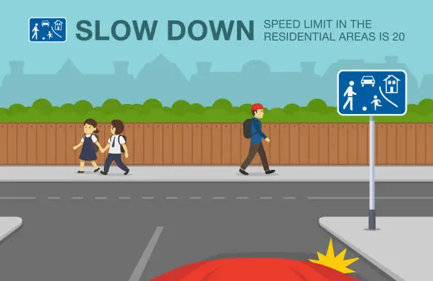 Vector illustration of Residential area and living street road or traffic sign meaning. Red car is going to turn right. School kids on a sidewalk.