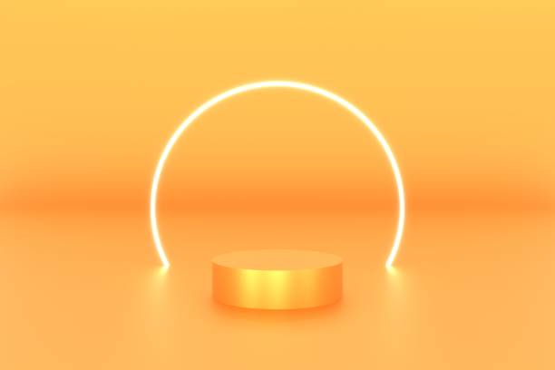 istock 3d platform orange color for product background stage or podium and blank display platform with ring neon white color. 3d illustration rendering 1600100377