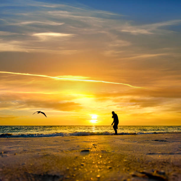 silhouette of a man standing on the beach watching the sunset.  you can see the reflection of the sun setting orange in the sky and sea surface